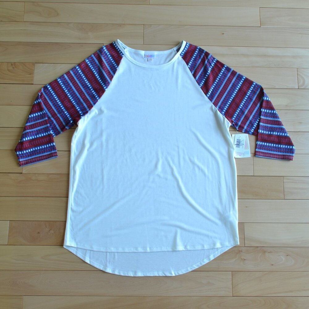 LuLaRoe Cream Raglan Top with Burgundy and Blue Patterned Sleeves